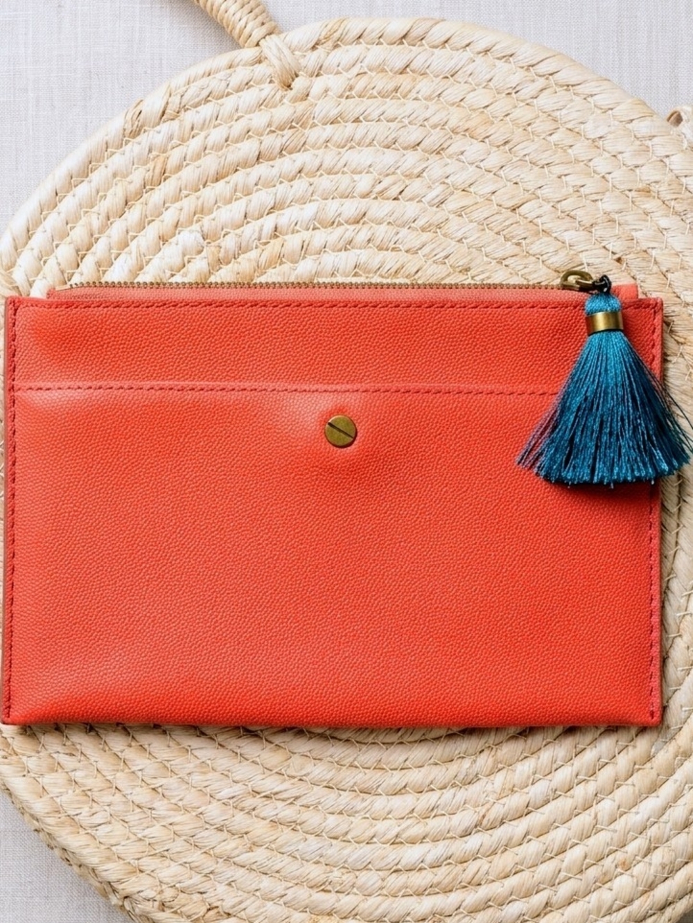 J.Crew Coral Red Leather Tassel Pouch Clutch Preppy Pop of Colour
